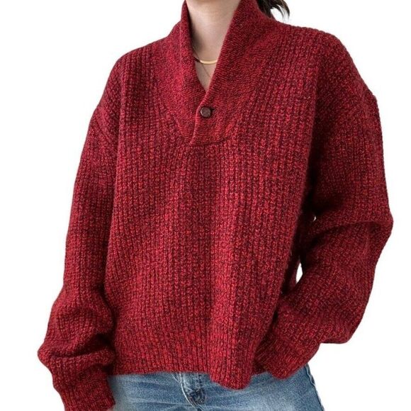 Vintage American Eagle Red Mareled Cowl Neck Ribbed Wool Sweater Elbow Patch L - Picture 3 of 7